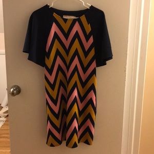 Never-been-worn navy, gold and pink shift dress